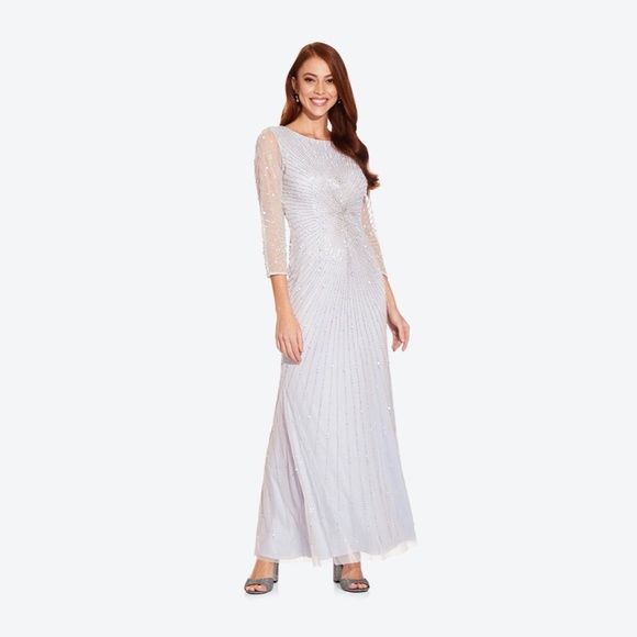 NWT $329 Adrianna Papell Sequin Beaded‎ 3/4 Sleeve Gown in Cloud [SZ 12 ] - Picture 2 of 15